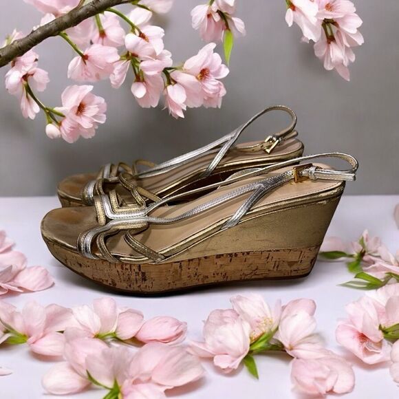 Prada Sling Back wedge sandals. Size 38.5 silver & gold metallic Authentic - Picture 1 of 9